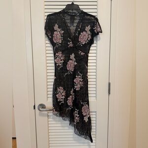 Anna Sui Black Lace Dress with Pink Floral Design